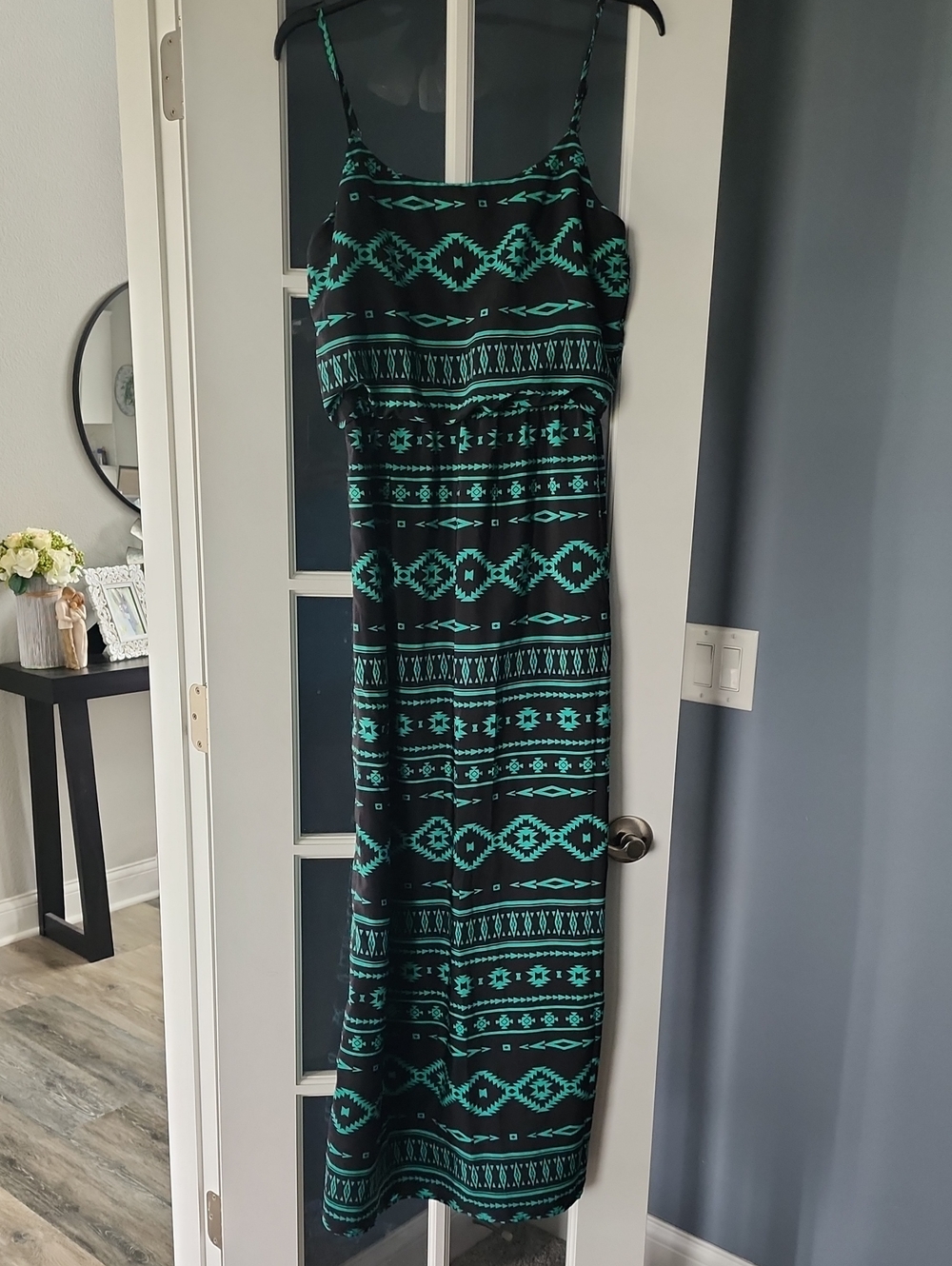 I.N. San Francisco Black Maxi Dress with Teal Tribal Print